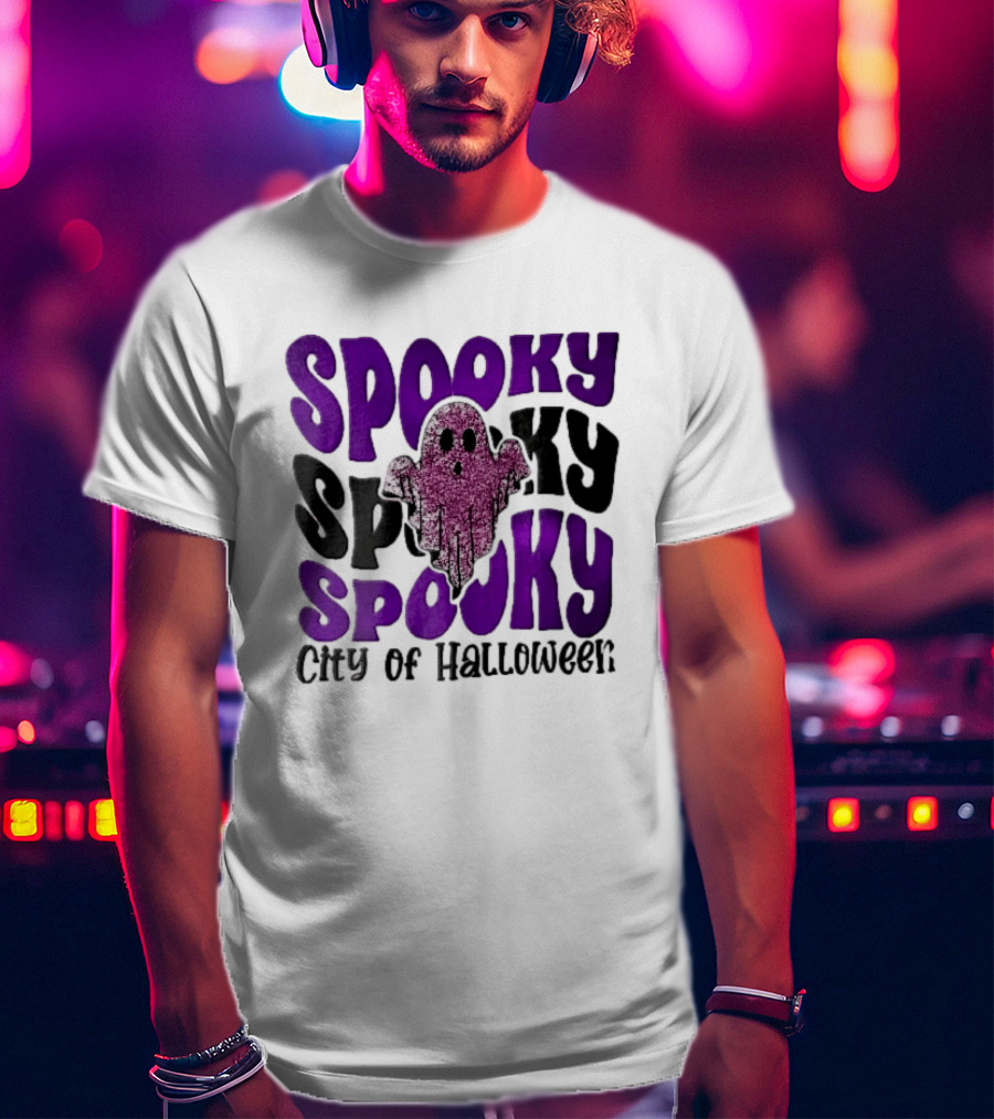 Spooky City Of Halloween Pink Glitter Ghost Retro Groovy T-Shirt