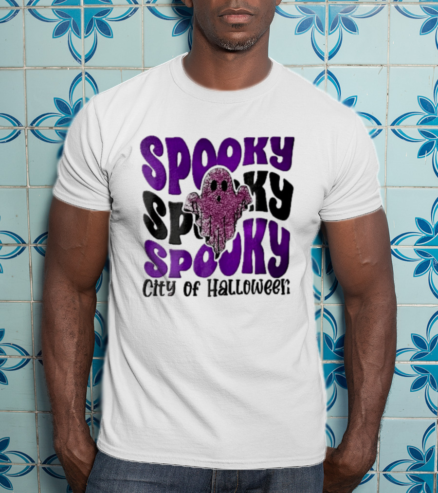 Spooky City Of Halloween Pink Glitter Ghost Retro Groovy T-Shirt
