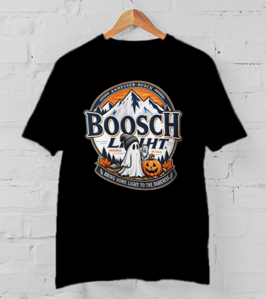 Anheuser Busch Boosch Light Brewed In USA Halloween Ghost Holding Can Jack O Lantern Bring Some Light To The Darkness T-Shirt