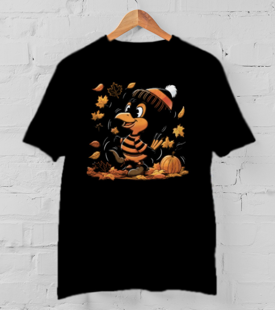 Cartoon Black And Orange Bird Beanie Hat Pumpkin Autumn Falling Leaves T-Shirt