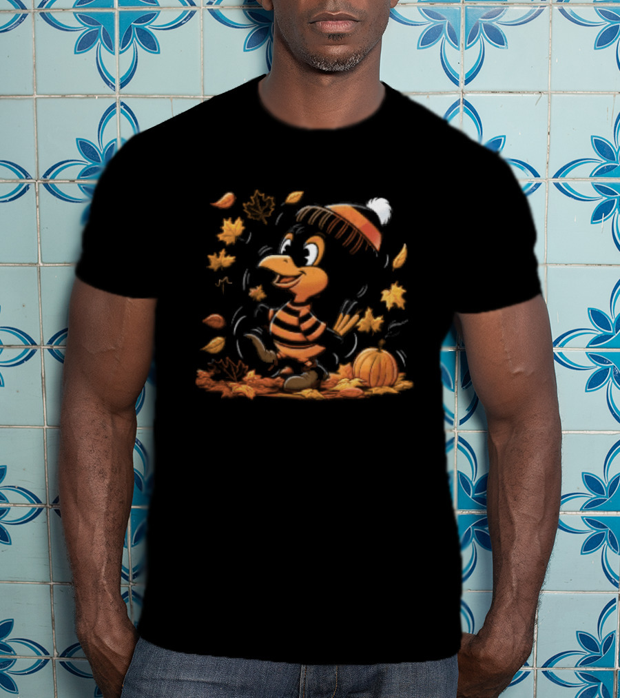 Cartoon Black And Orange Bird Beanie Hat Pumpkin Autumn Falling Leaves T-Shirt