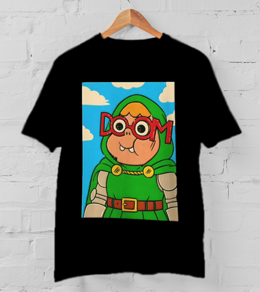 Clarence Doctor Doom Cartoon Crossover DOOM Glasses Green Hood Clouds T-Shirt