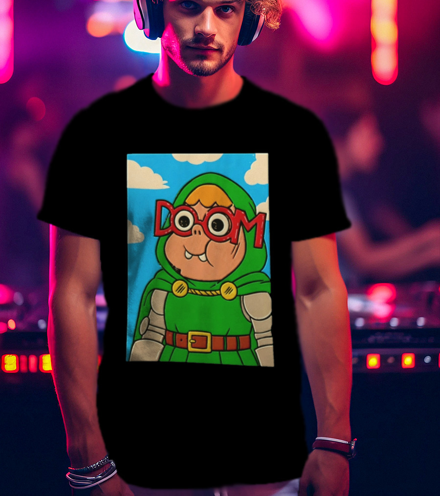 Clarence Doctor Doom Cartoon Crossover DOOM Glasses Green Hood Clouds T-Shirt