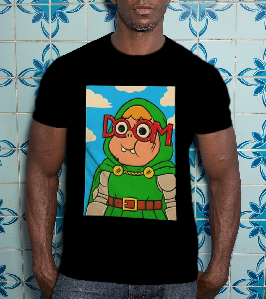 Clarence Doctor Doom Cartoon Crossover DOOM Glasses Green Hood Clouds T-Shirt