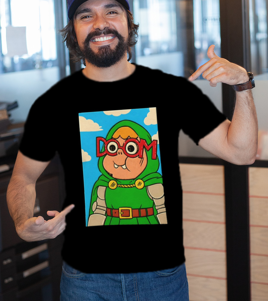 Clarence Doctor Doom Cartoon Crossover DOOM Glasses Green Hood Clouds T-Shirt