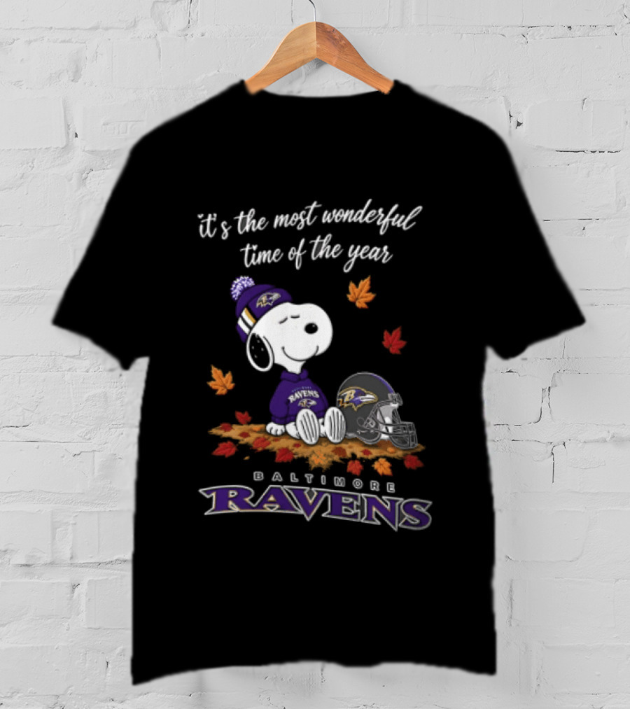 It's The Most Wonderful Time Of The Year Snoopy Baltimore Ravens Beagle Beanie Helmet Autumn Leaves T-Shirt
