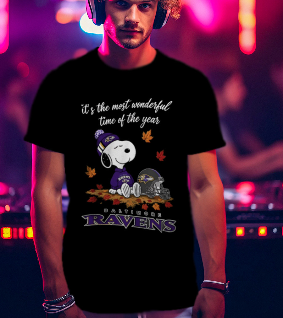 It's The Most Wonderful Time Of The Year Snoopy Baltimore Ravens Beagle Beanie Helmet Autumn Leaves T-Shirt