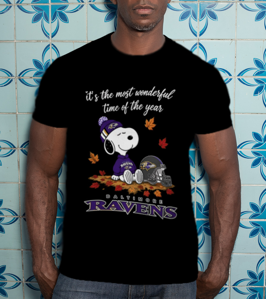 It's The Most Wonderful Time Of The Year Snoopy Baltimore Ravens Beagle Beanie Helmet Autumn Leaves T-Shirt