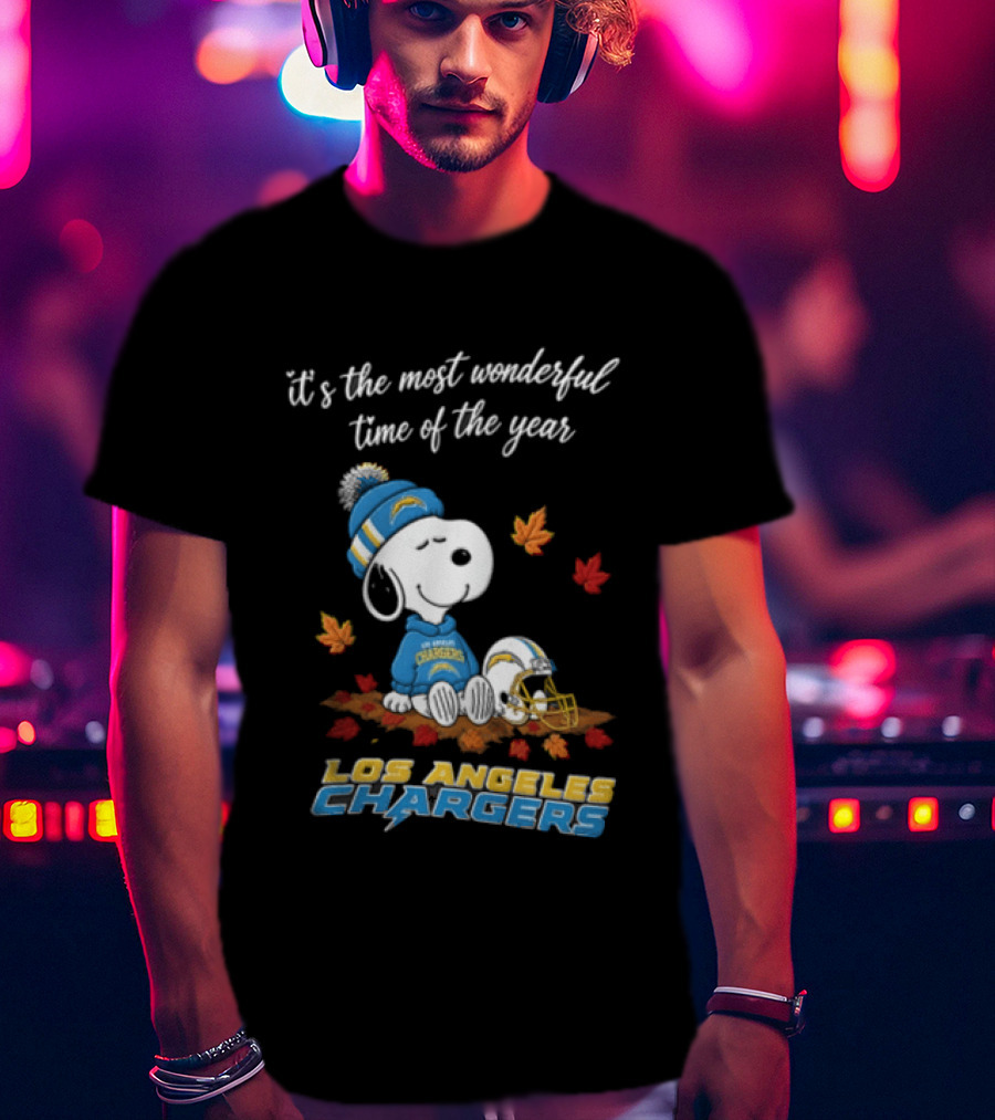 It's The Most Wonderful Time Of The Year Snoopy Los Angeles Chargers Beanie Autumn Leaves Football Helmet T-Shirt