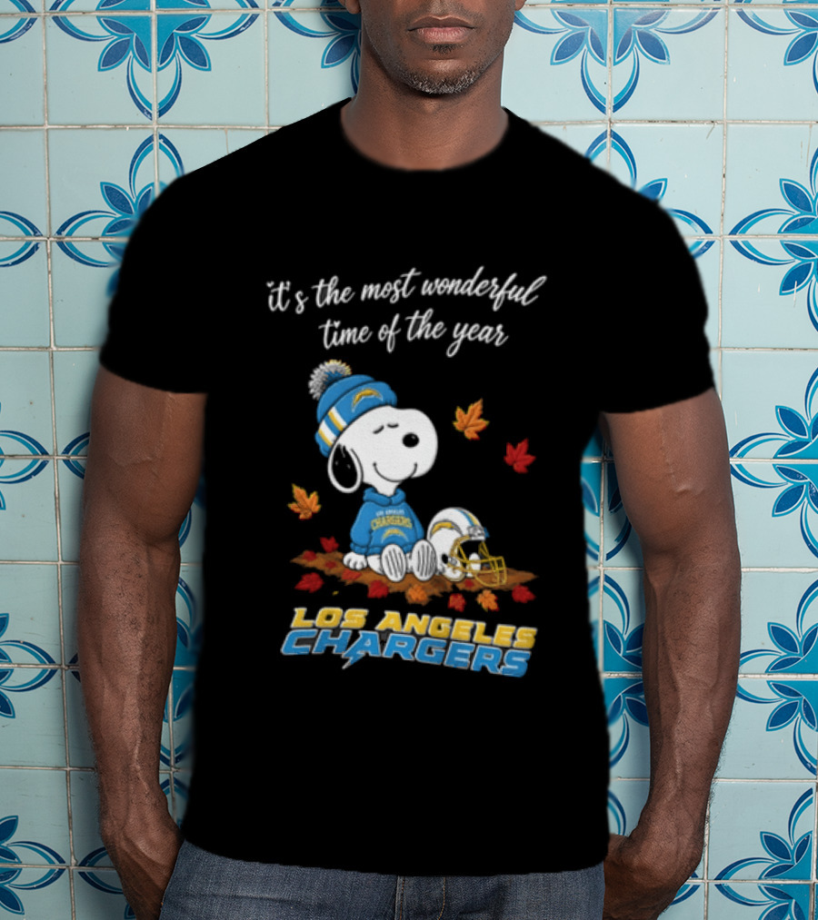 It's The Most Wonderful Time Of The Year Snoopy Los Angeles Chargers Beanie Autumn Leaves Football Helmet T-Shirt