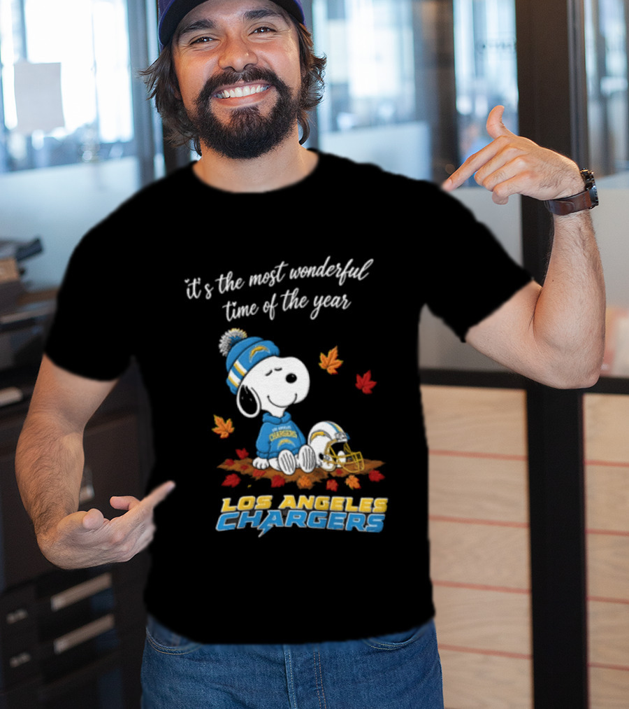 It's The Most Wonderful Time Of The Year Snoopy Los Angeles Chargers Beanie Autumn Leaves Football Helmet T-Shirt