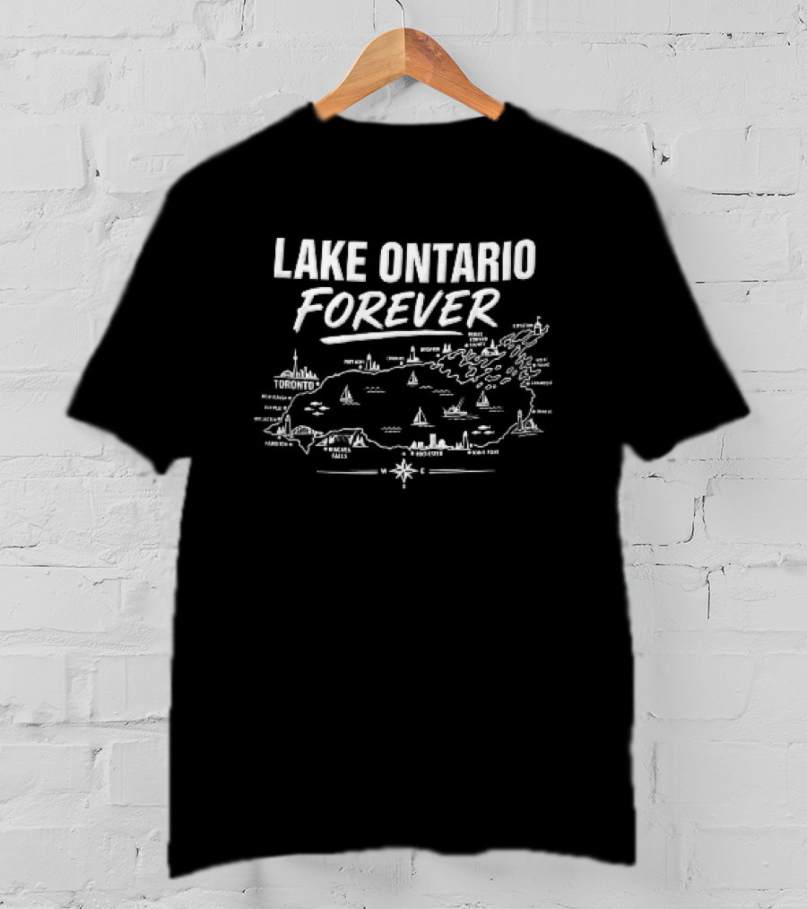 Lake Ontario Forever Sailboats Map Compass Rose Landmarks White Line T-Shirt