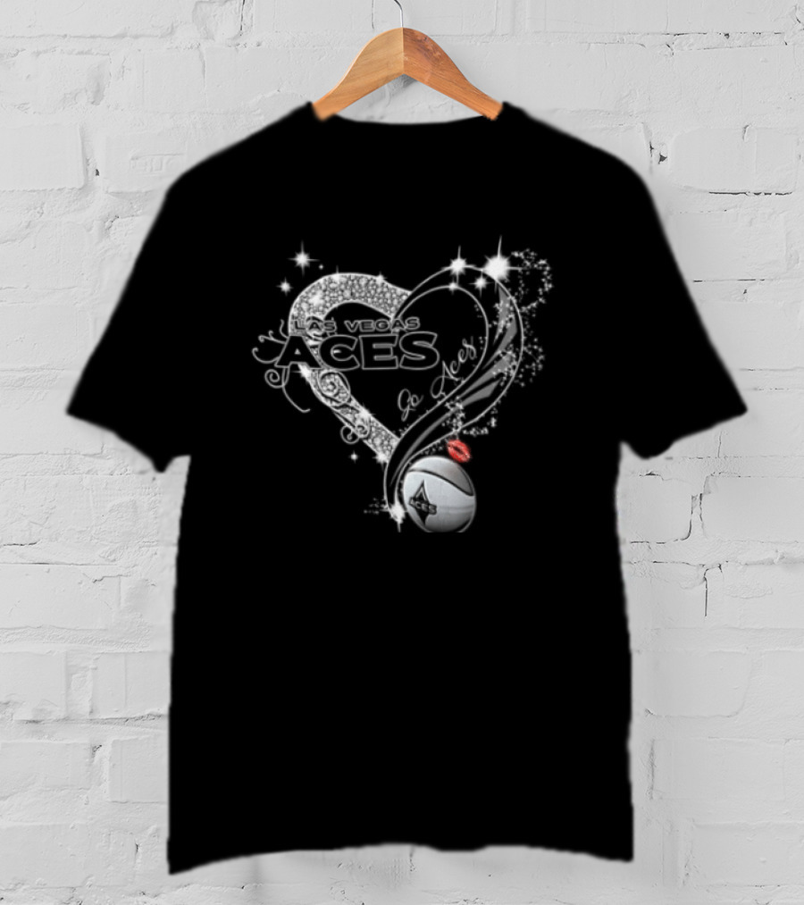 Las Vegas Aces WNBA Rhinestone Heart Basketball Sparkles Lips T-Shirt