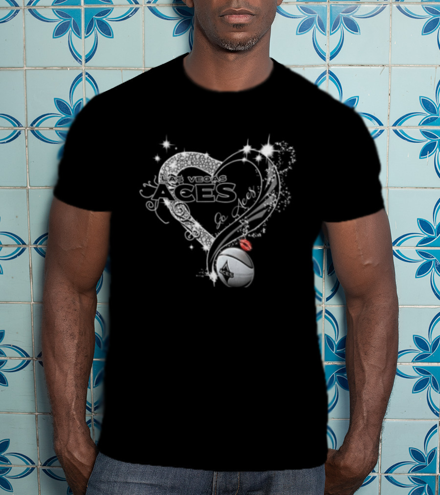 Las Vegas Aces WNBA Rhinestone Heart Basketball Sparkles Lips T-Shirt