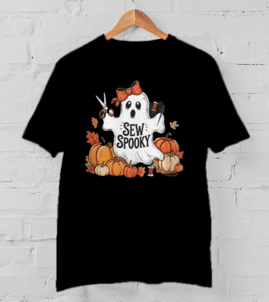 Sew Spooky Ghost With Bow Scissors Pumpkins Autumn Leaves Thread Spools T-Shirt