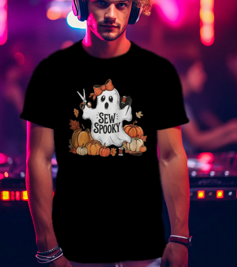 Sew Spooky Ghost With Bow Scissors Pumpkins Autumn Leaves Thread Spools T-Shirt