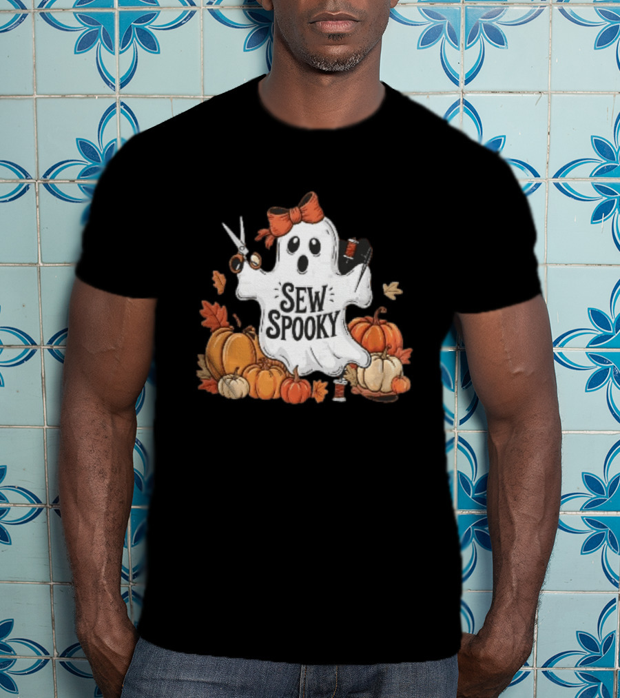 Sew Spooky Ghost With Bow Scissors Pumpkins Autumn Leaves Thread Spools T-Shirt