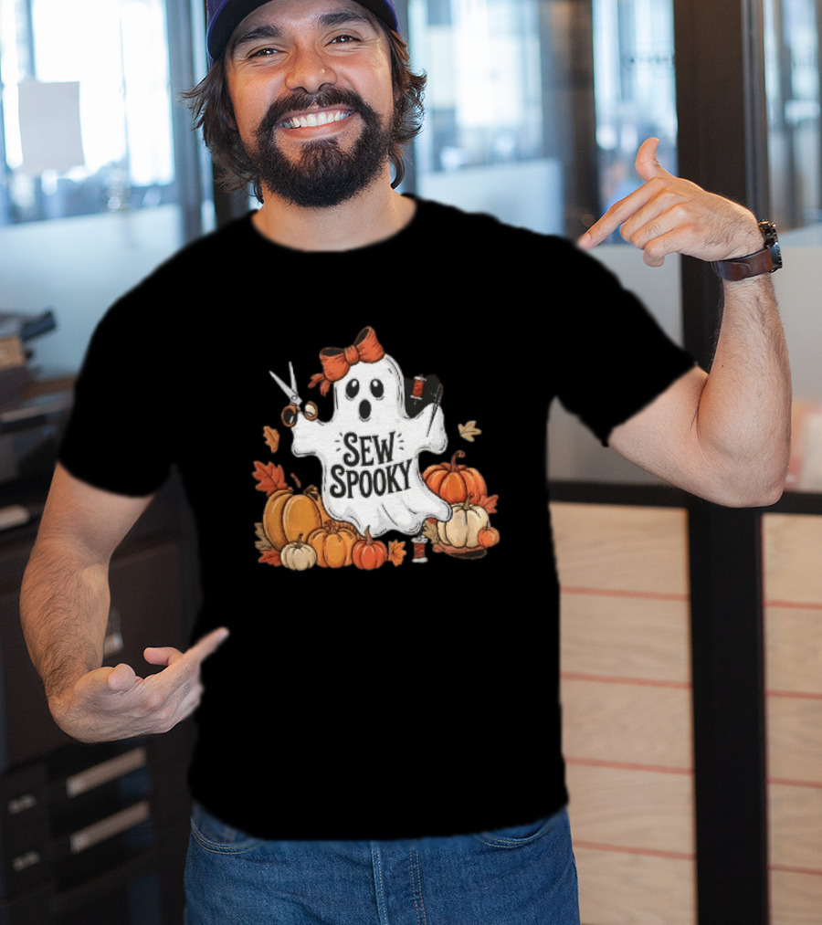 Sew Spooky Ghost With Bow Scissors Pumpkins Autumn Leaves Thread Spools T-Shirt