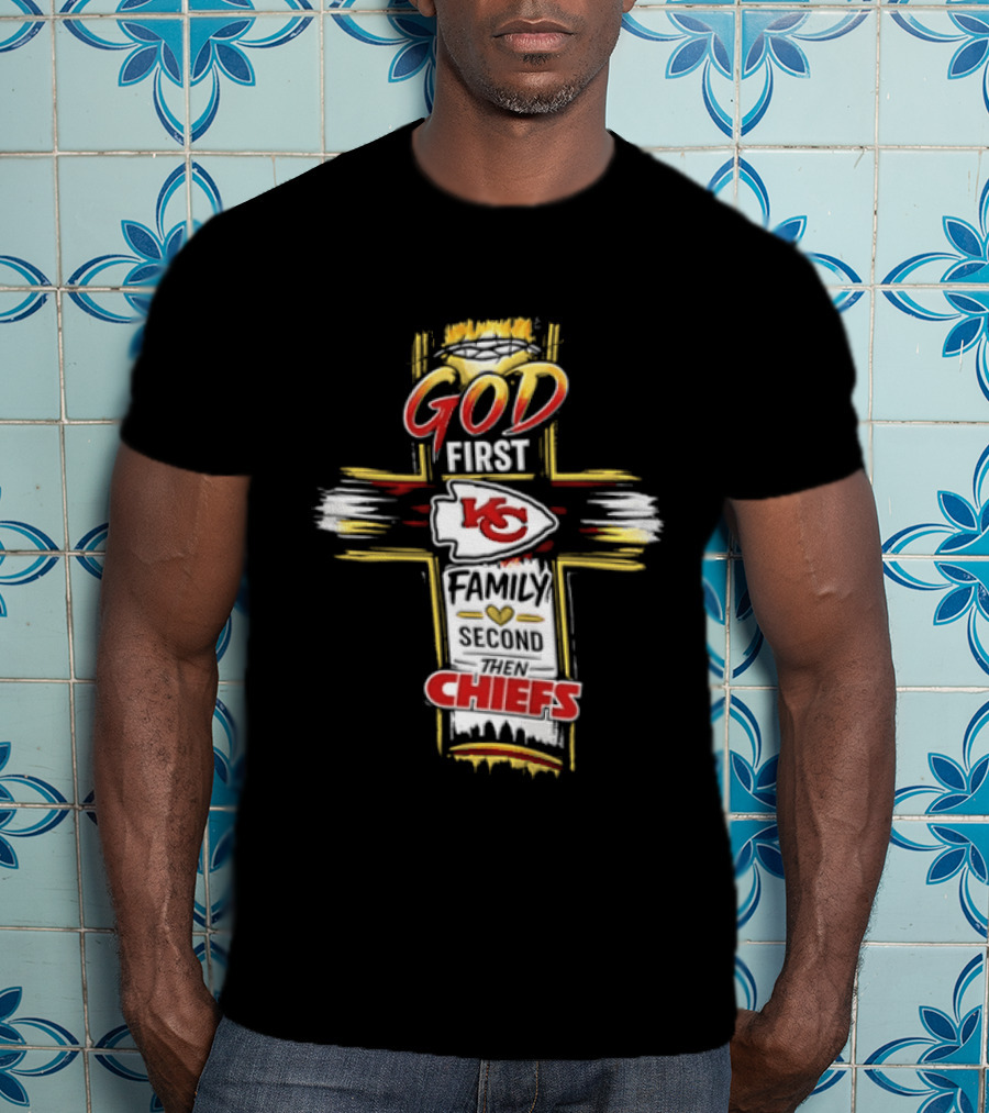 God First Family Second Kansas City Chiefs Cross Crown Of Thorns T-Shirt