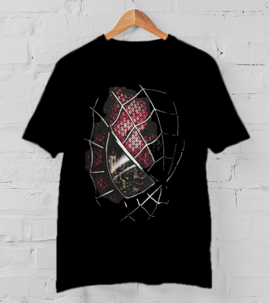 Spider Man Mask With City Skyline Reflection In Night Sketch Lines T-Shirt