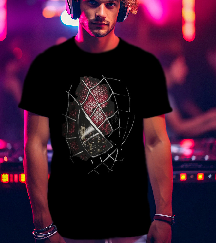 Spider Man Mask With City Skyline Reflection In Night Sketch Lines T-Shirt