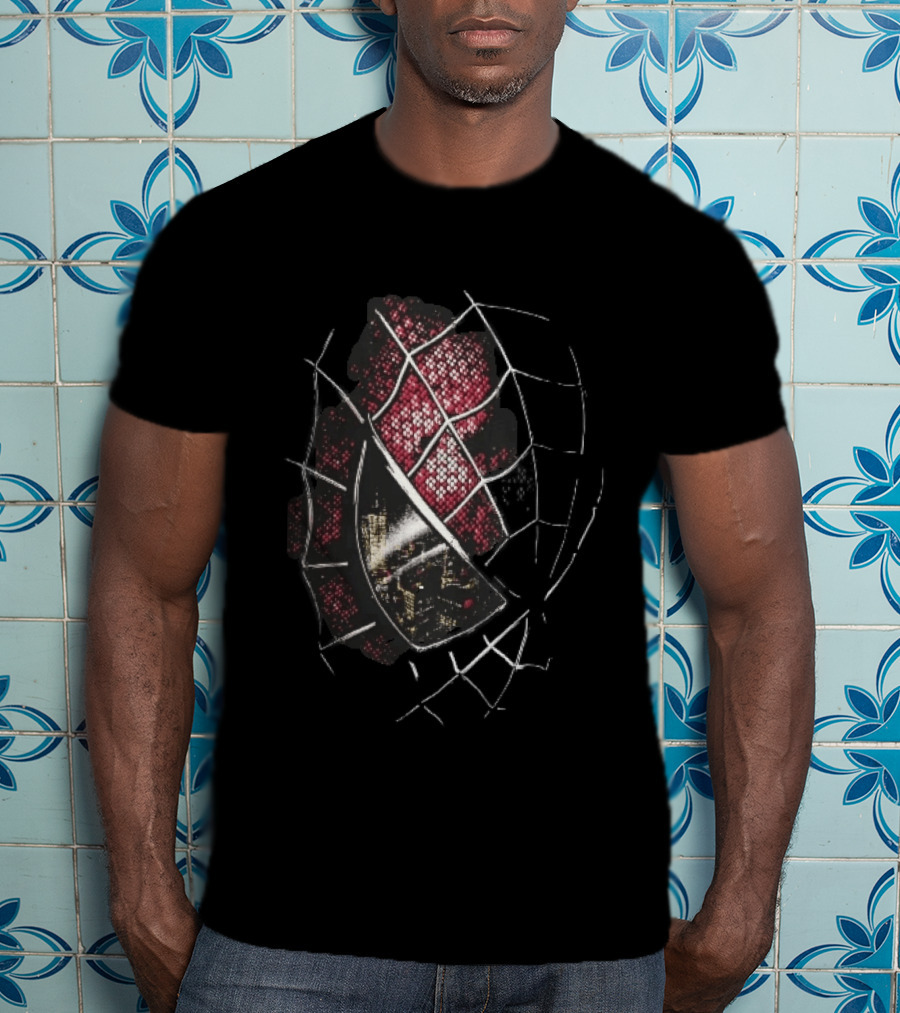 Spider Man Mask With City Skyline Reflection In Night Sketch Lines T-Shirt