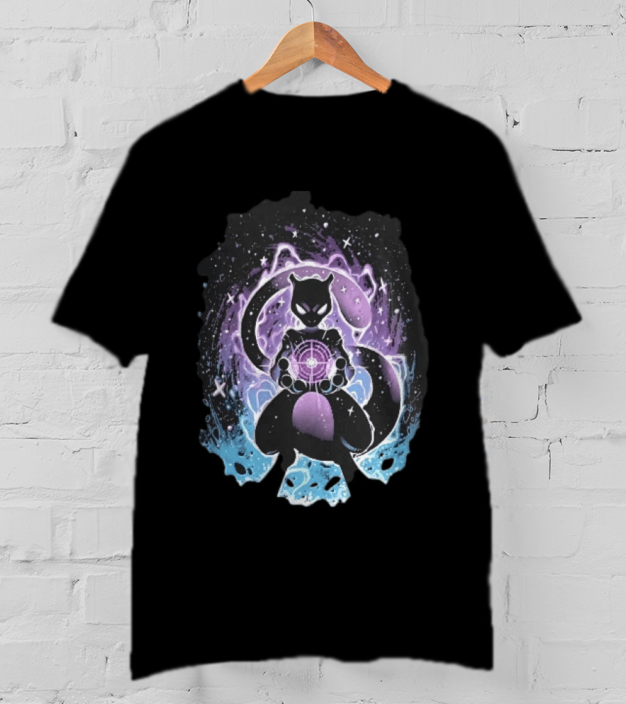 Mewtwo Cosmic Purple Energy Sphere Galaxy Stars Blue Flames T-Shirt