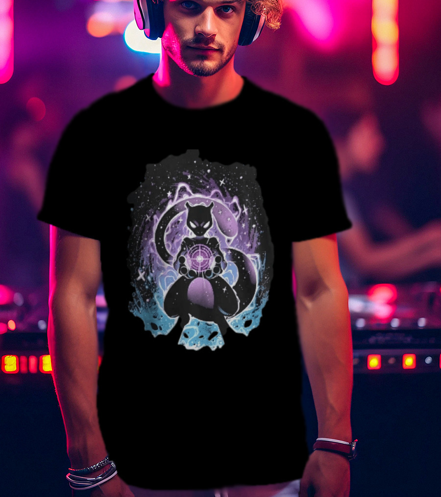 Mewtwo Cosmic Purple Energy Sphere Galaxy Stars Blue Flames T-Shirt