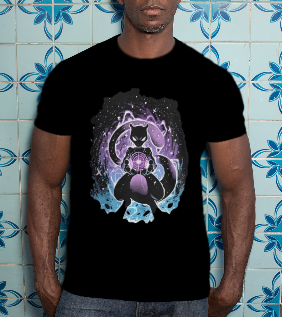 Mewtwo Cosmic Purple Energy Sphere Galaxy Stars Blue Flames T-Shirt
