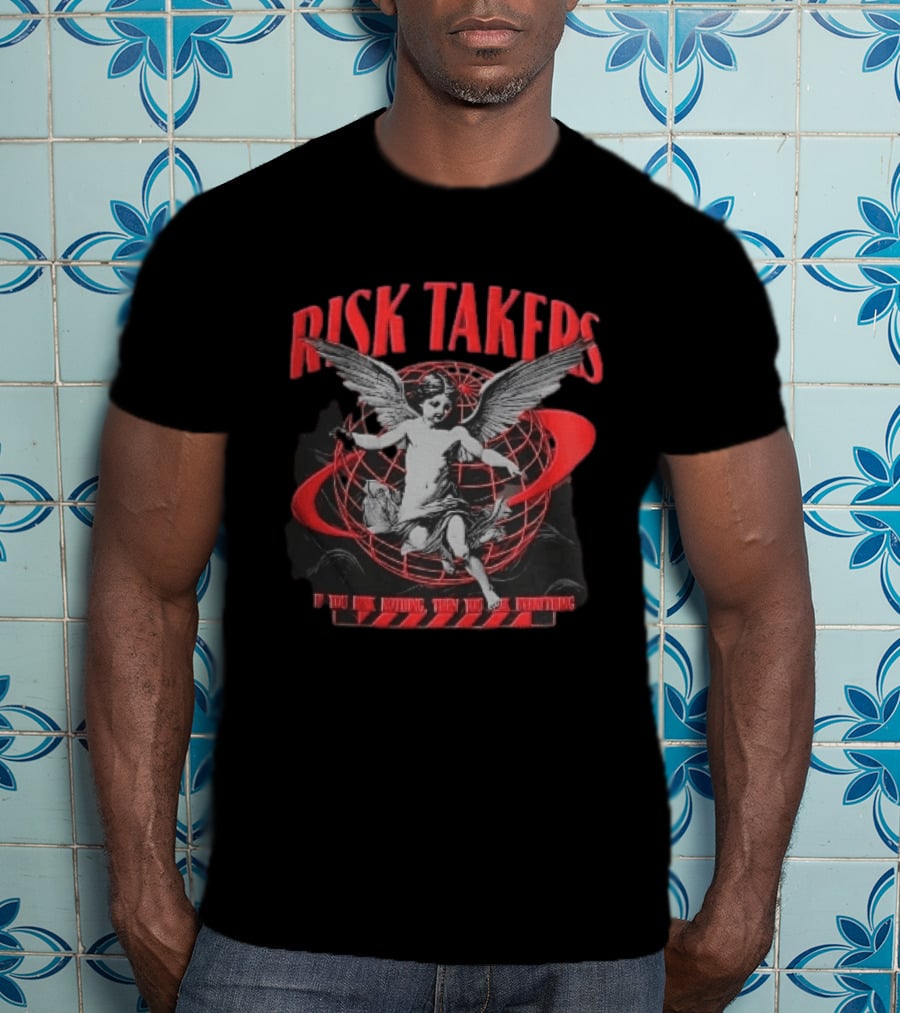 Risk Takers Winged Cherub If You Risk Nothing Then You Risk Everything Red Grid Globe T-Shirt