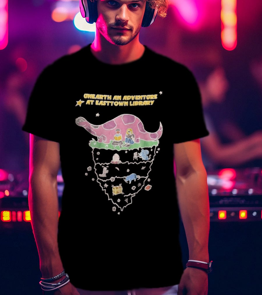 Unearth An Adventure At Easttown Library Pink Dinosaur Journey T-Shirt