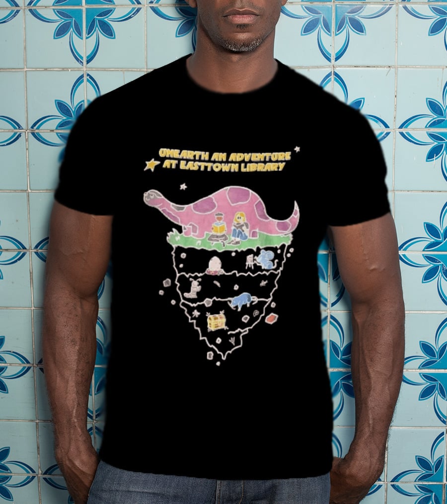 Unearth An Adventure At Easttown Library Pink Dinosaur Journey T-Shirt