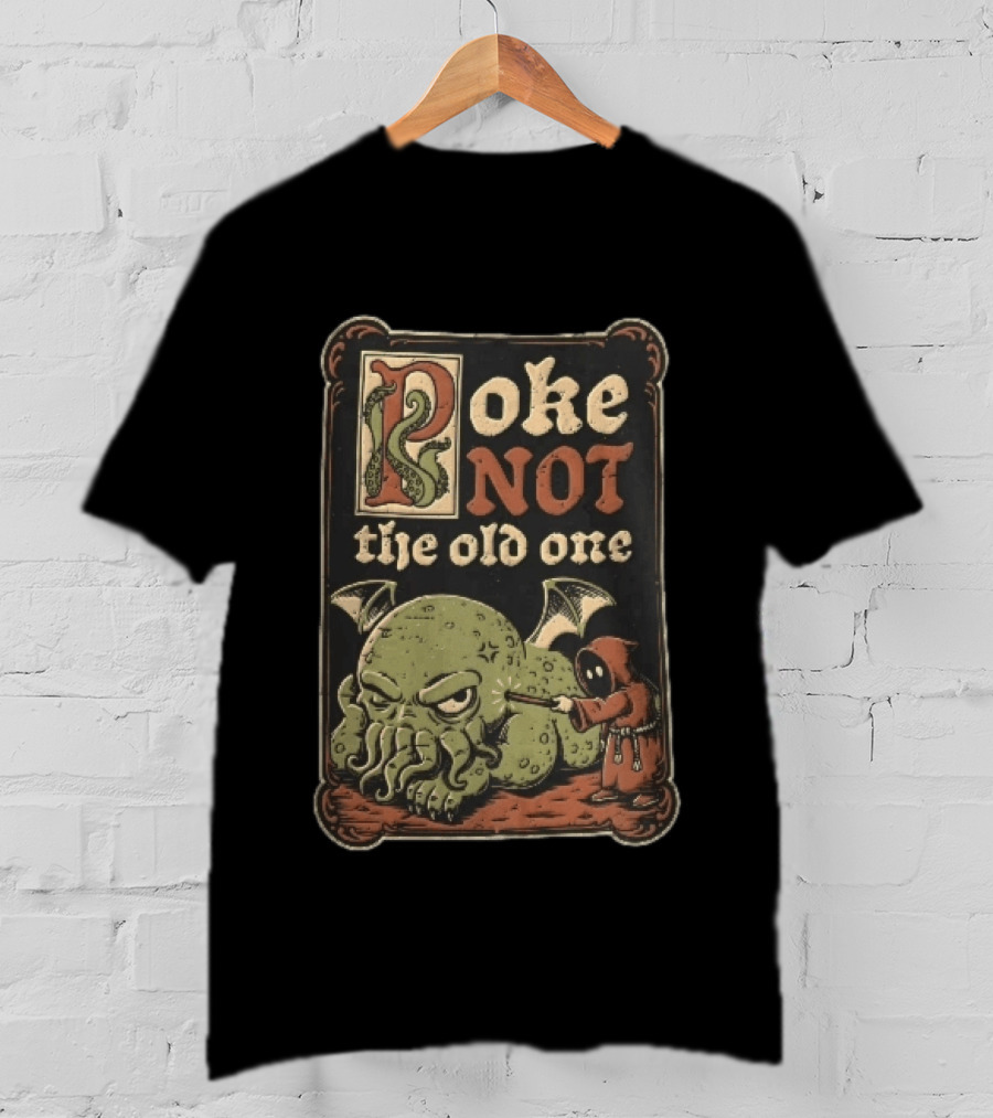 Poke Not The Old One Chibi Cthulhu Hooded Cultist Poking Stick Cartoon Frame T-Shirt