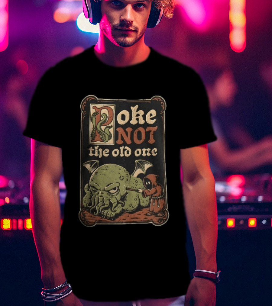 Poke Not The Old One Chibi Cthulhu Hooded Cultist Poking Stick Cartoon Frame T-Shirt