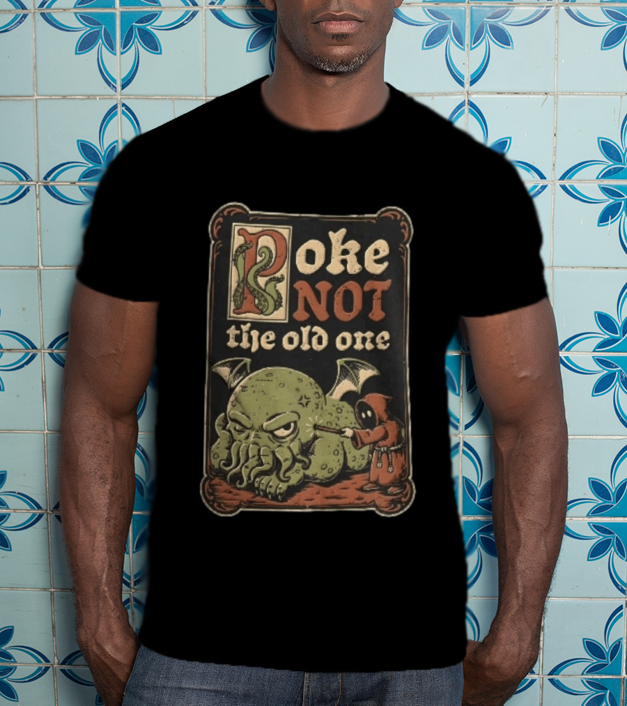 Poke Not The Old One Chibi Cthulhu Hooded Cultist Poking Stick Cartoon Frame T-Shirt