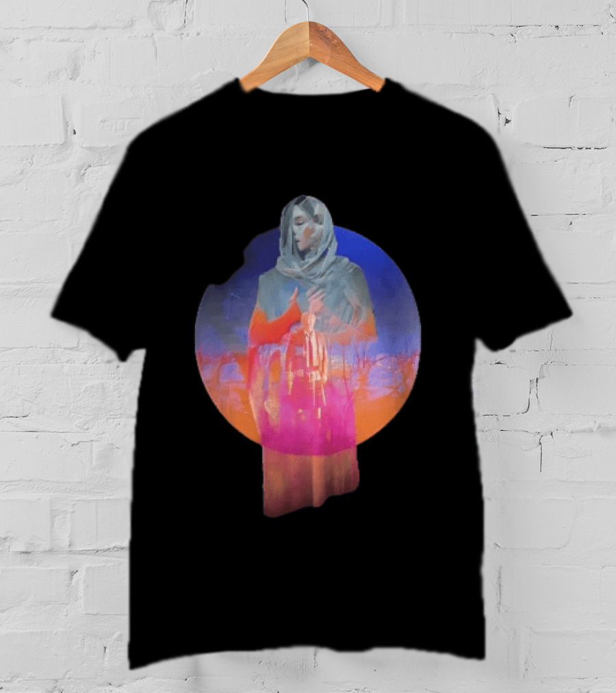 Veiled Hooded Cloak Double Exposure Bare Trees Glowing Sunset Globe T-Shirt