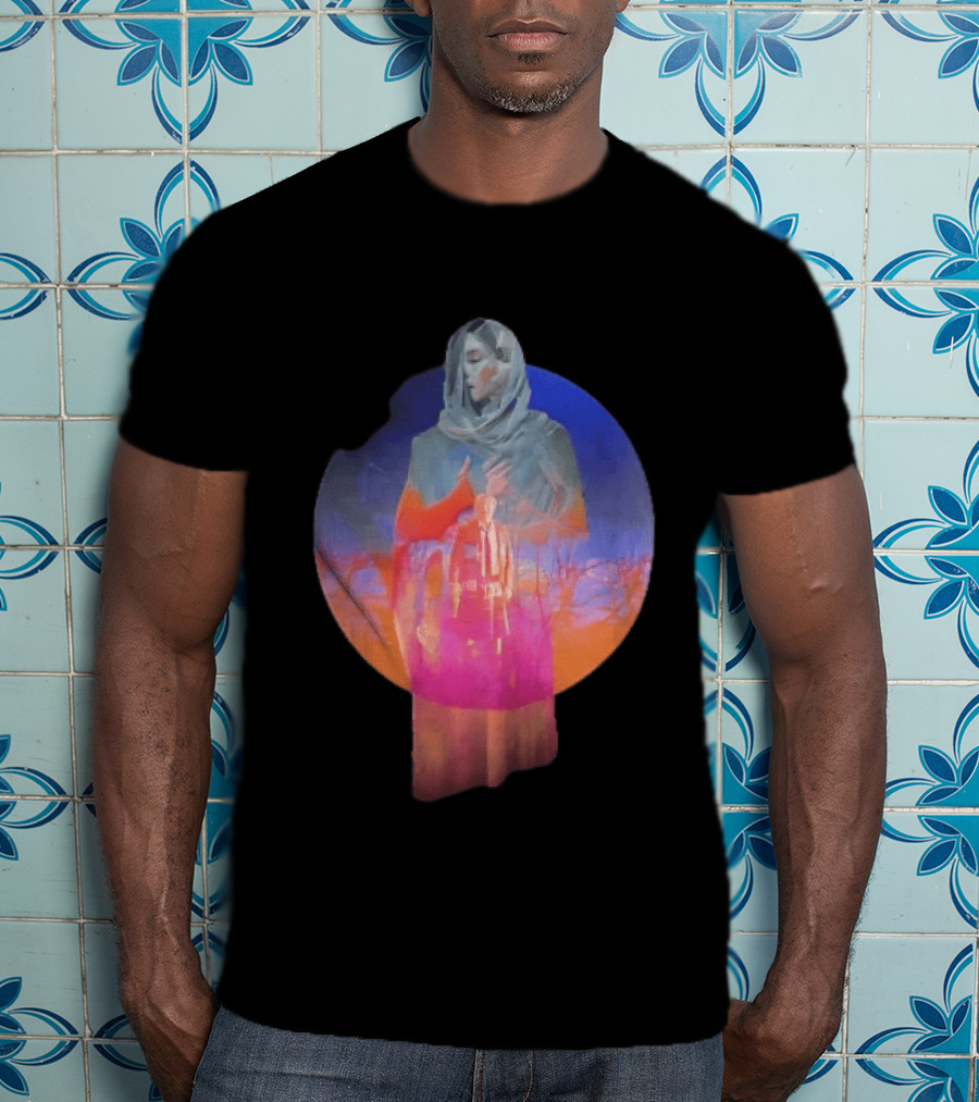 Veiled Hooded Cloak Double Exposure Bare Trees Glowing Sunset Globe T-Shirt