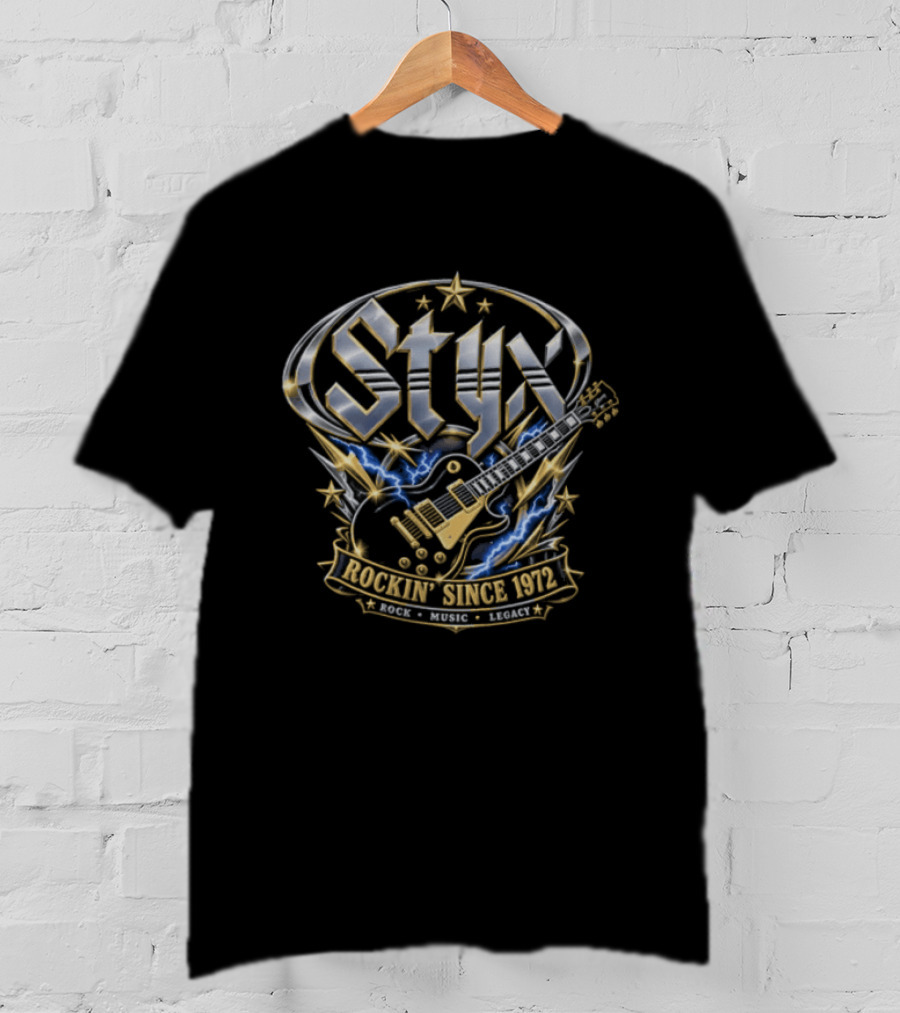 Styx Rockin Since 1972 Electric Guitar Lightning Metallic Crest T-Shirt