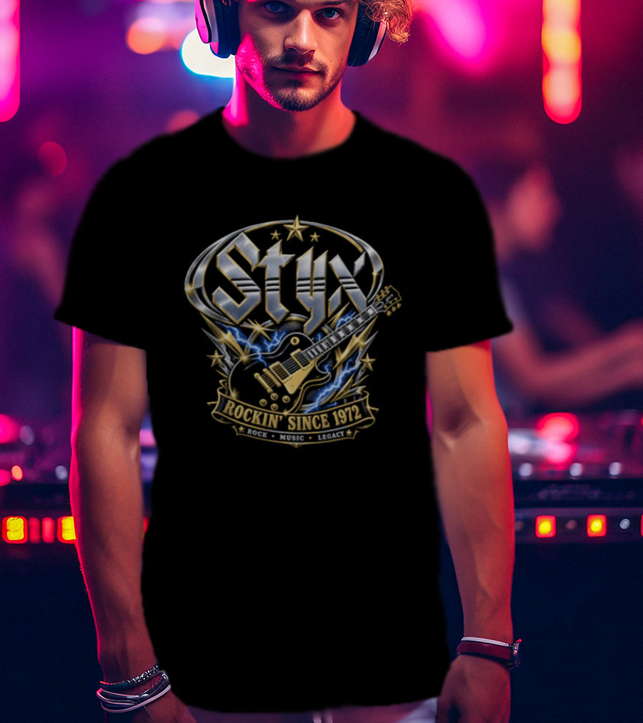 Styx Rockin Since 1972 Electric Guitar Lightning Metallic Crest T-Shirt