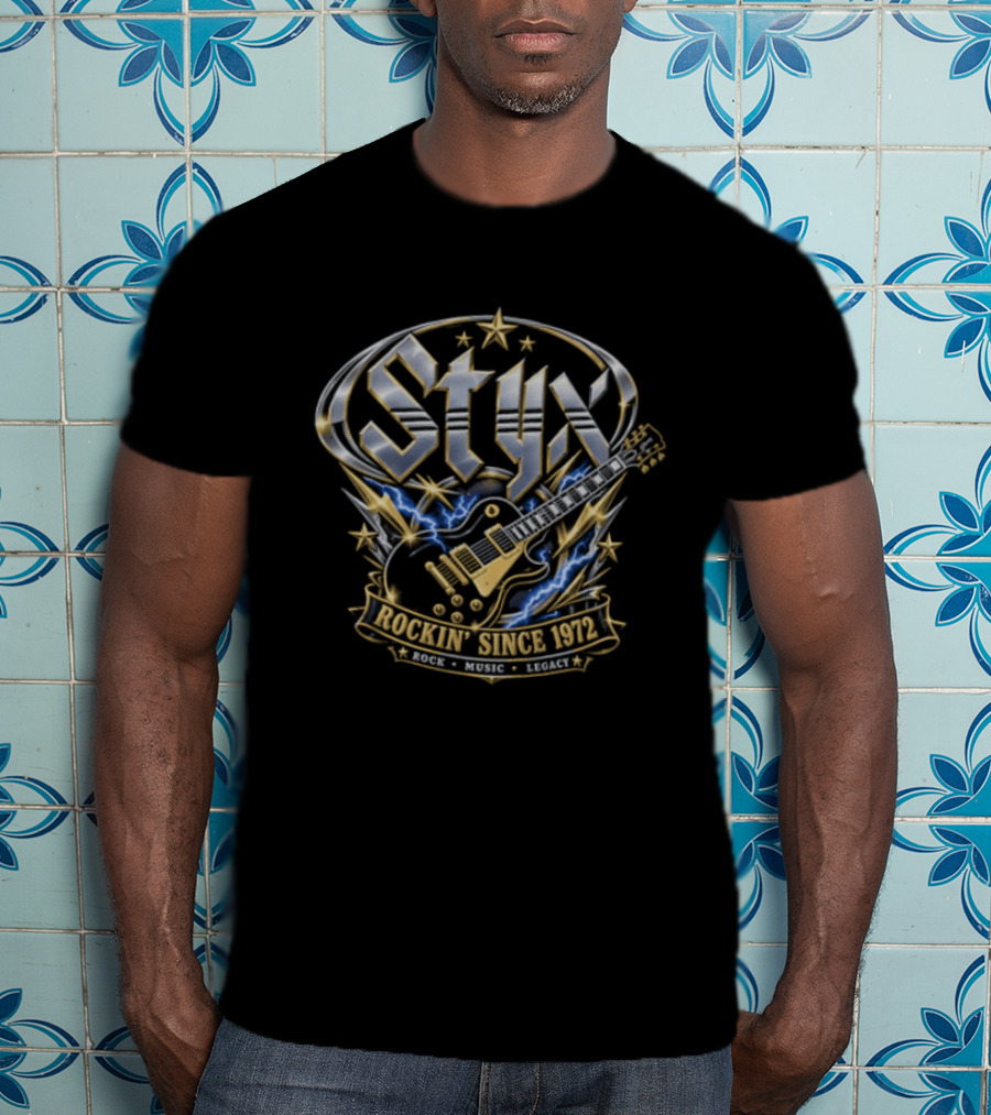 Styx Rockin Since 1972 Electric Guitar Lightning Metallic Crest T-Shirt