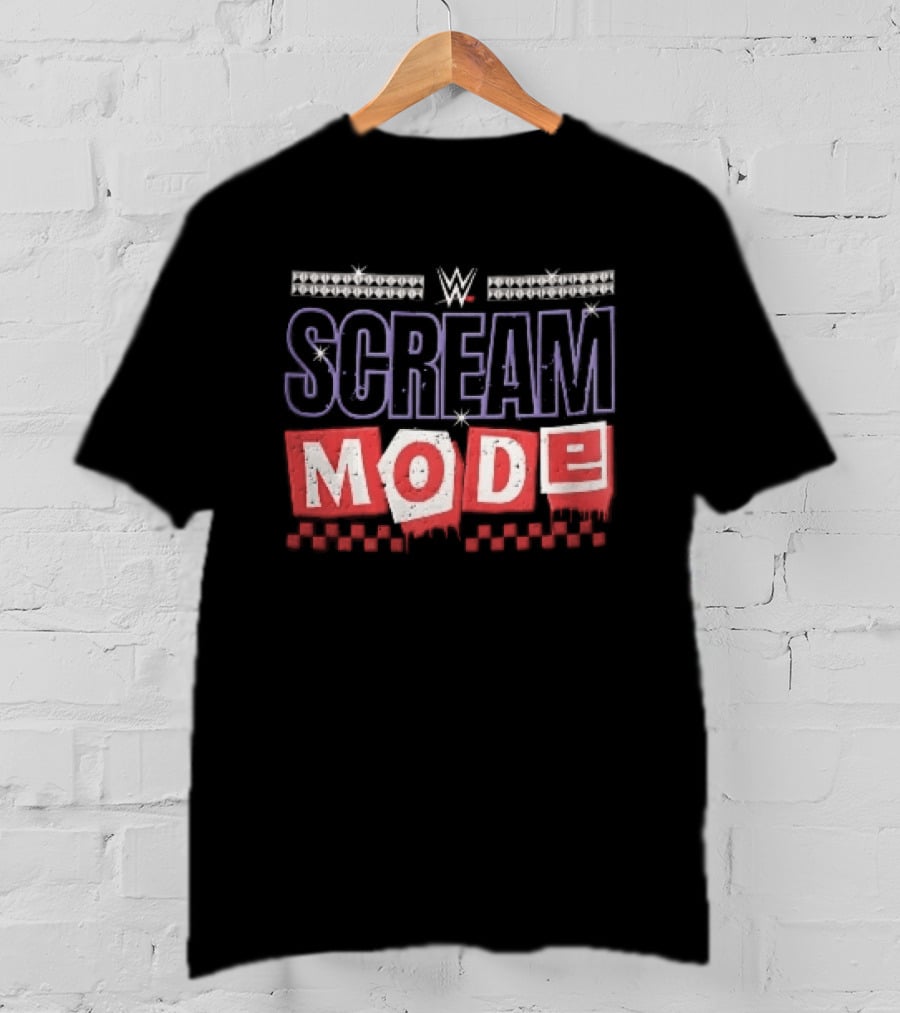 Scream Mode WWE Silver Studs Red Cutout Dripping Blocks Checkered T-Shirt