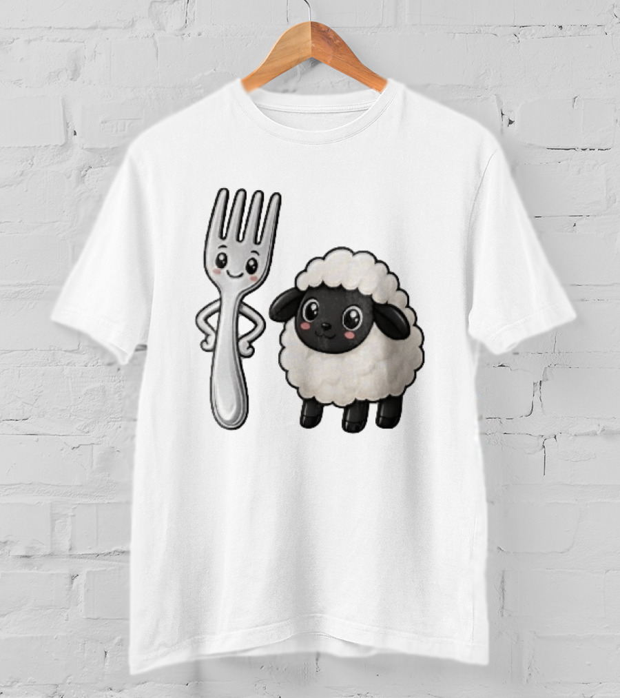 Chibi Style Silver Fork And Cute Black Faced Lamb Cartoon T-Shirt