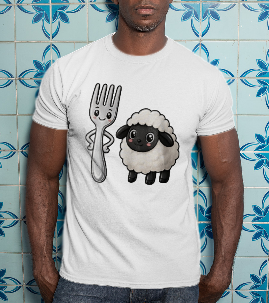 Chibi Style Silver Fork And Cute Black Faced Lamb Cartoon T-Shirt