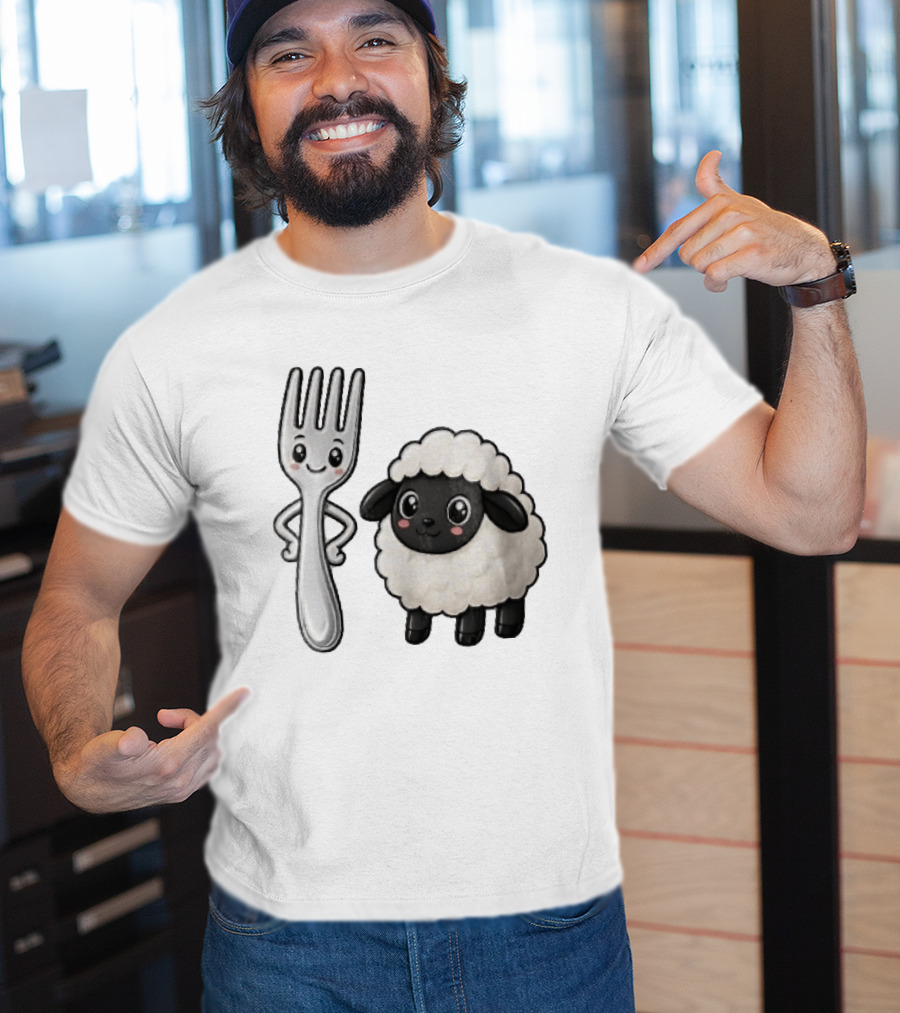 Chibi Style Silver Fork And Cute Black Faced Lamb Cartoon T-Shirt