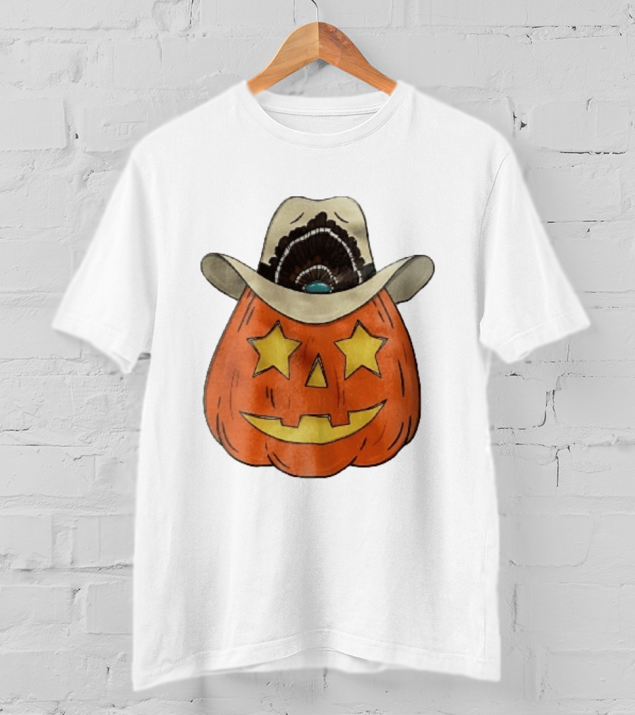 Starry Eyed Jack O Lantern Pumpkin Cowboy Hat Feather T-Shirt