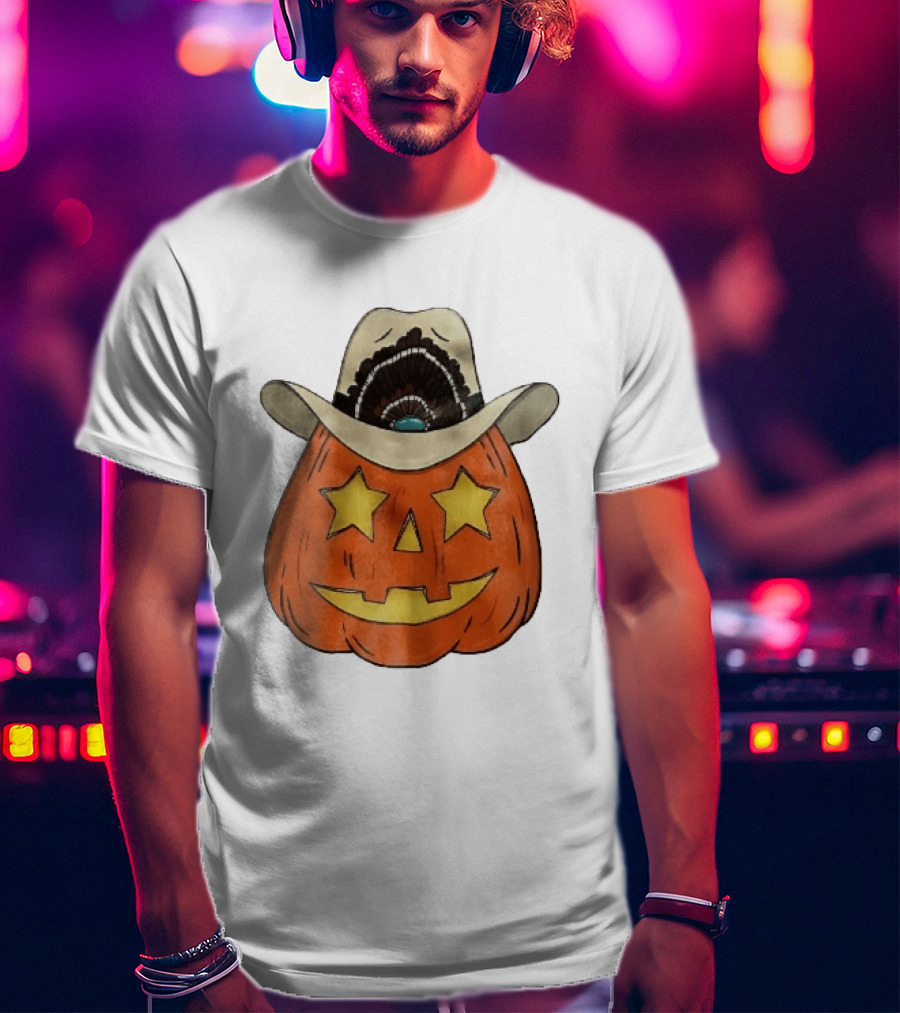 Starry Eyed Jack O Lantern Pumpkin Cowboy Hat Feather T-Shirt