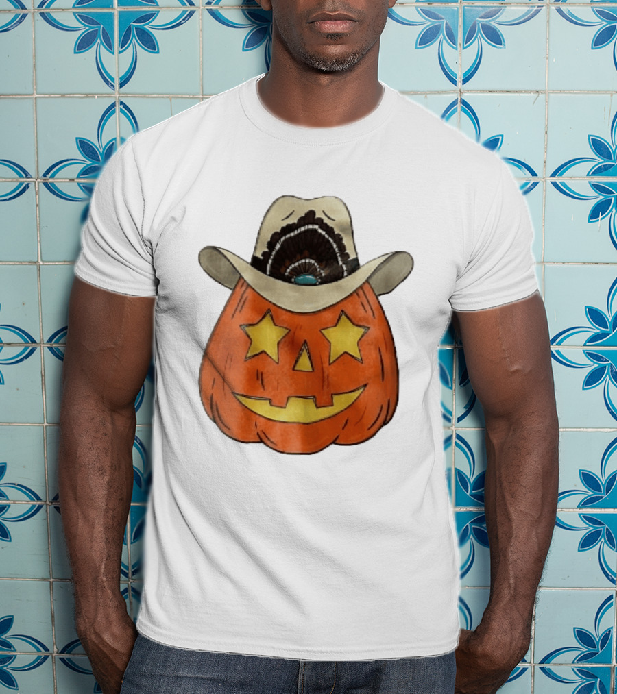 Starry Eyed Jack O Lantern Pumpkin Cowboy Hat Feather T-Shirt