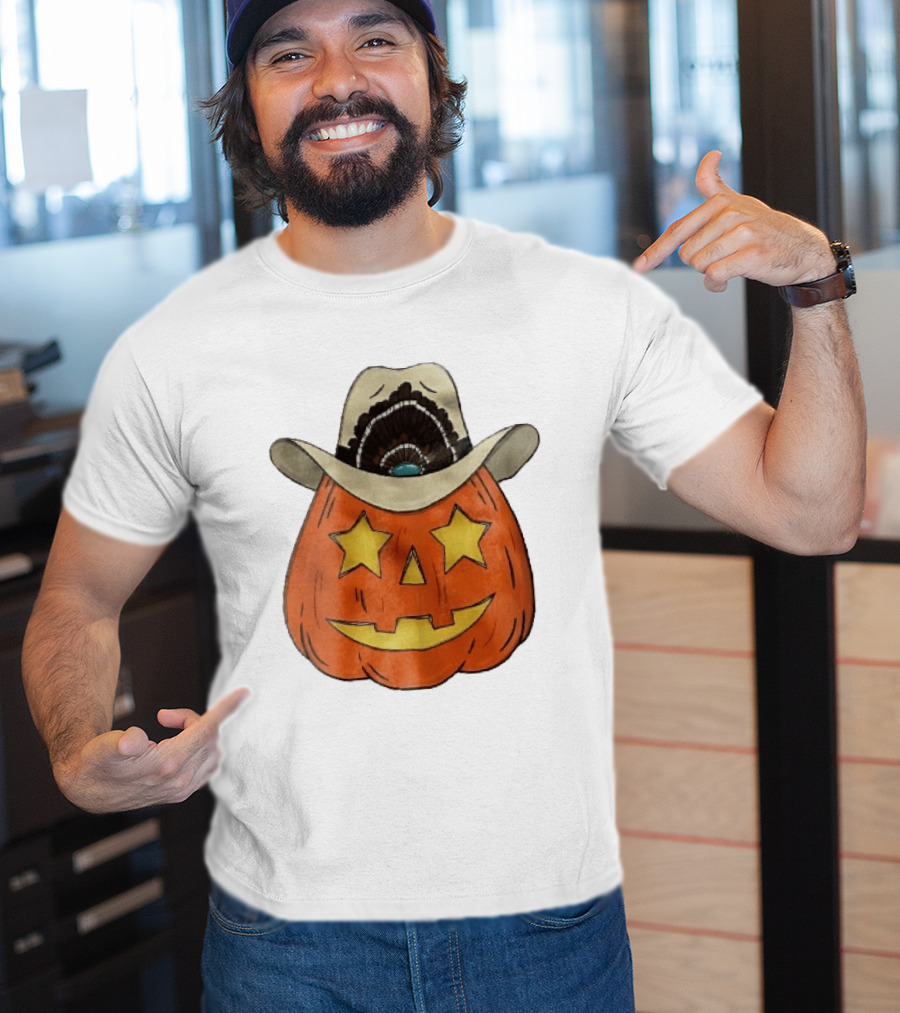 Starry Eyed Jack O Lantern Pumpkin Cowboy Hat Feather T-Shirt