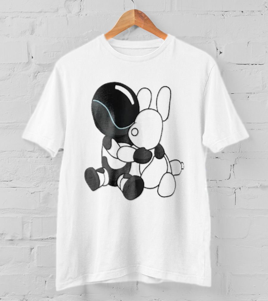 Cartoon Robot Embracing White Bunny Plush Toy T-Shirt