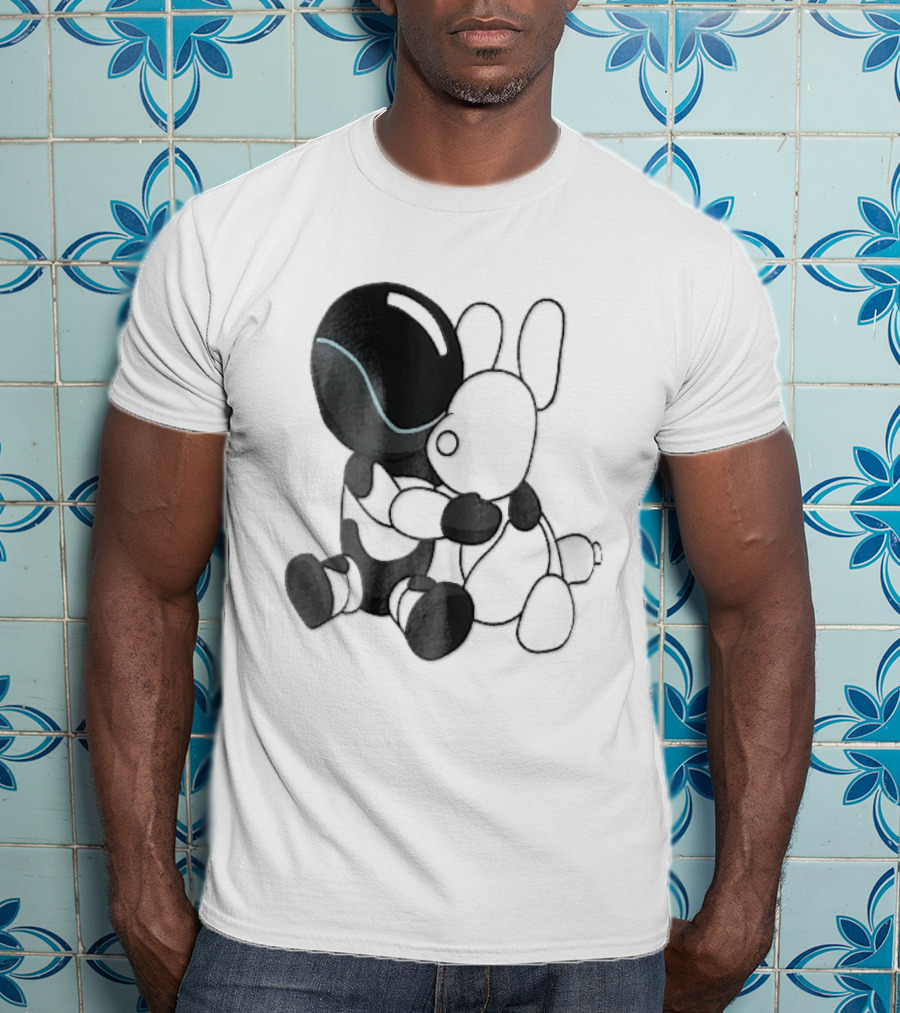 Cartoon Robot Embracing White Bunny Plush Toy T-Shirt